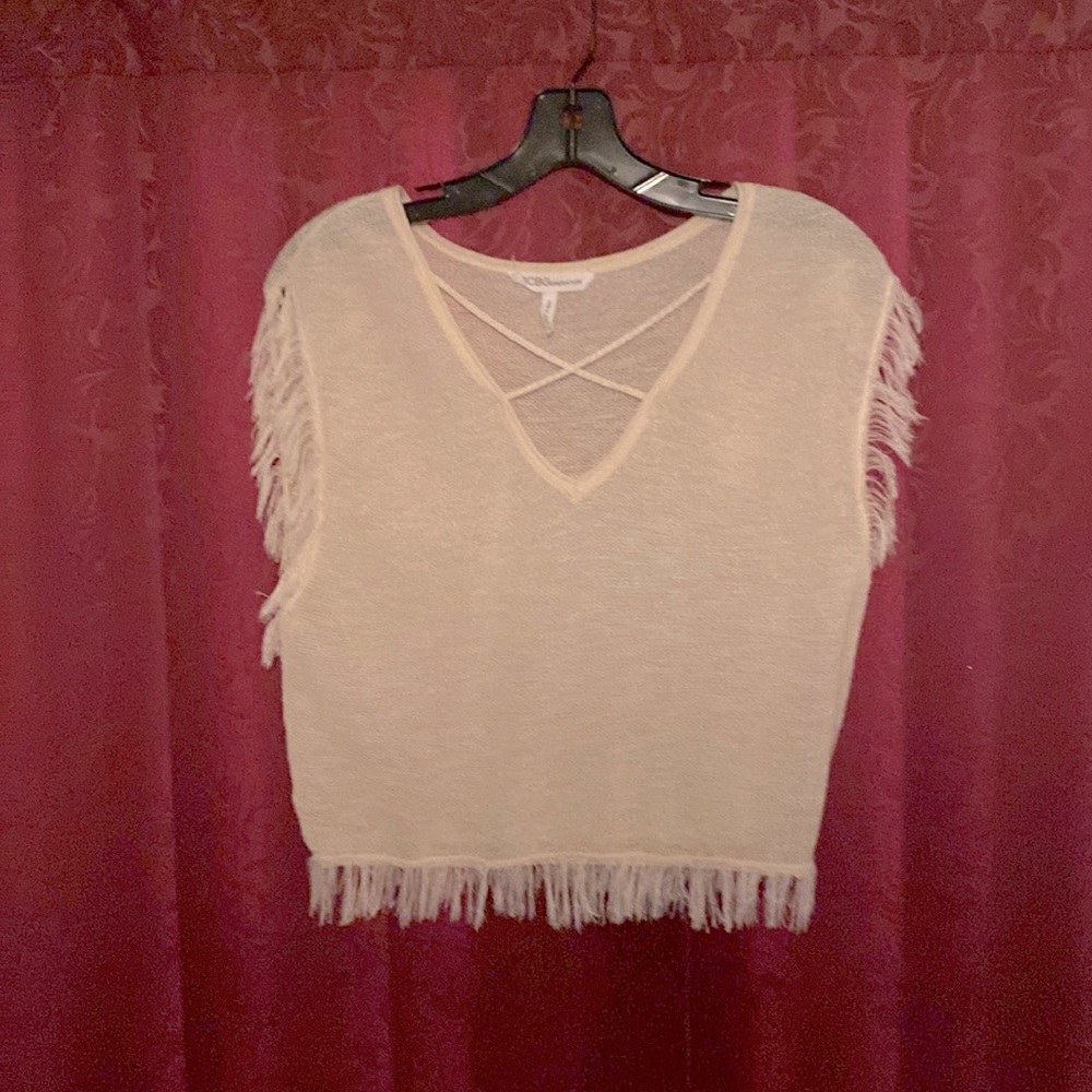 BCBGeneration crop top, festival vibes, frills, cream color